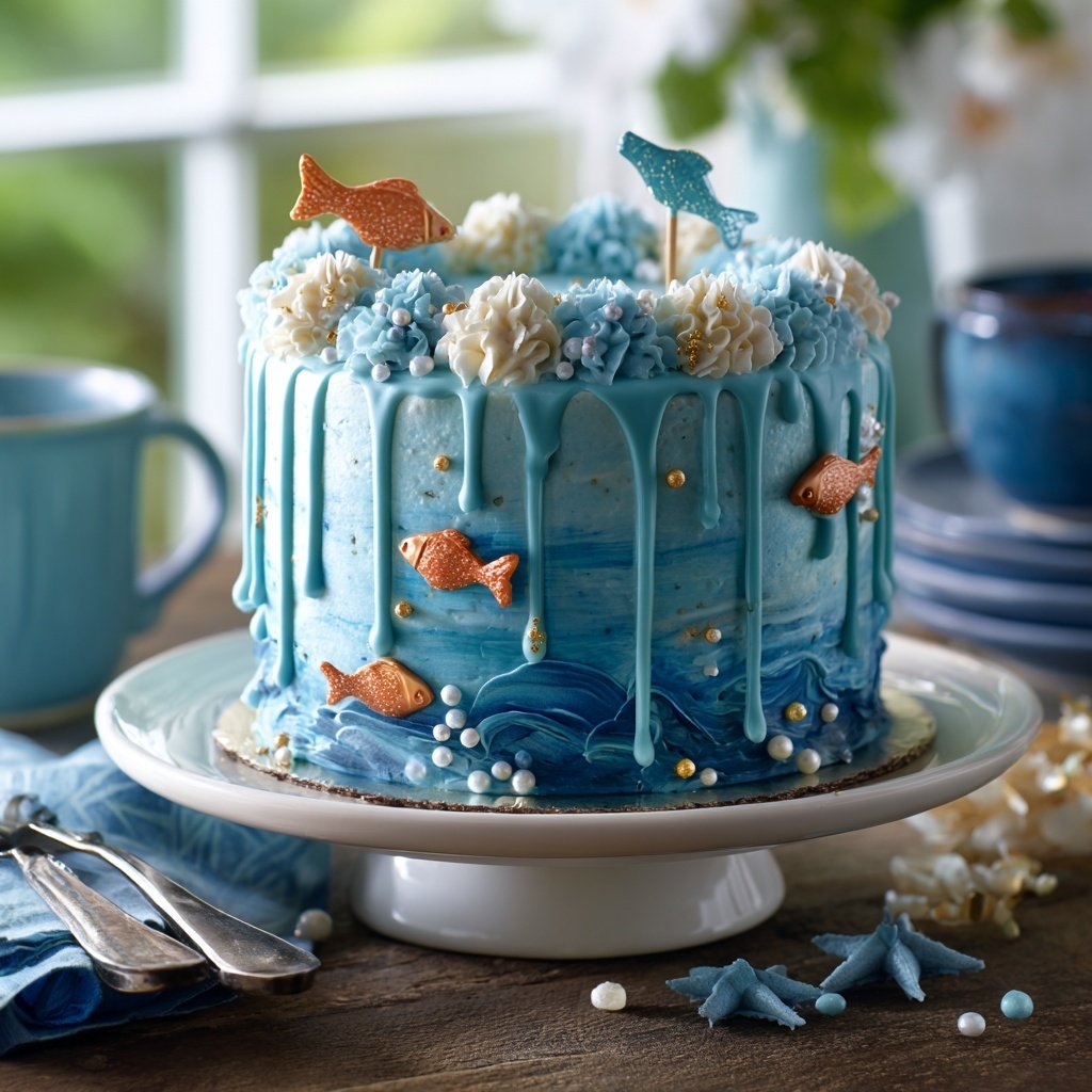 Ocean Blue Pisces Birthday Cake