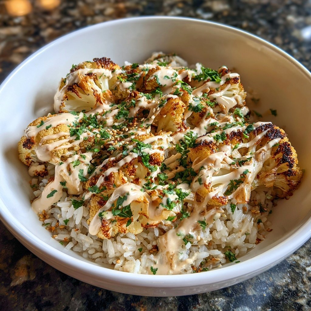 Roasted Cauliflower Tahini Rice Bowl